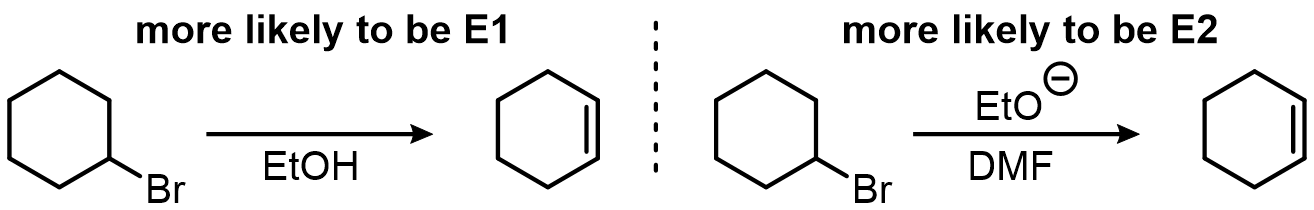 Strong bases tend to favor E2 and E1cb reactions, while E1 reactions tend to involve weak bases (often just the solvent):