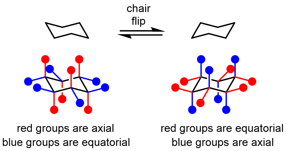 In the chair conformation of cyclohexane, half the substituents on the C atoms are axial and the other half are equatorial. Upon a chair flip, everyth