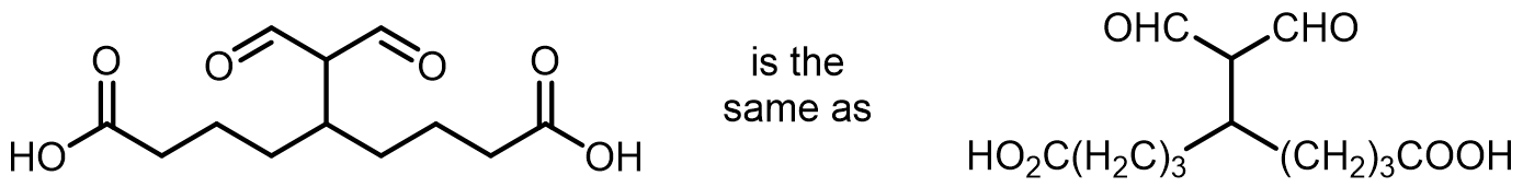 Combining condensed formulas and line-angle drawings is common.