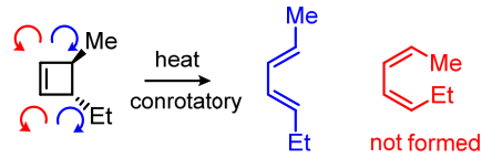 In electrocyclic ring-opening reactions, however, sterics can favor one product over the other: