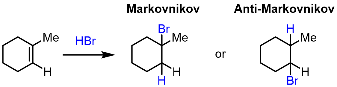 Here is an example of the two possible regiochemistries of HBr adding to an alkene:
