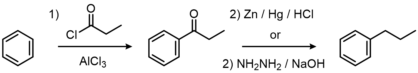 Friedel-Crafts acylation of benzene with propanoyl chloride and AlCl3 gives propiophenone, which is reduced to propylbenzene by Zn/Hg/HCl (Clemmensen) or NH2NH2/NaOH (Wolff-Kishner)