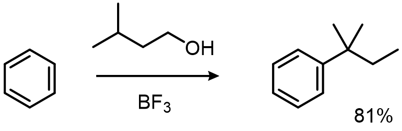 Friedel-Crafts alkylation of benzene with 3-methyl-1-butanol and BF3 gives the rearranged tert-amylbenzene in 81% yield