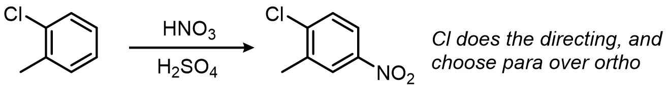 Nitration of 2-chlorotoluene: the chlorine lone pairs do the directing, and para is chosen over ortho