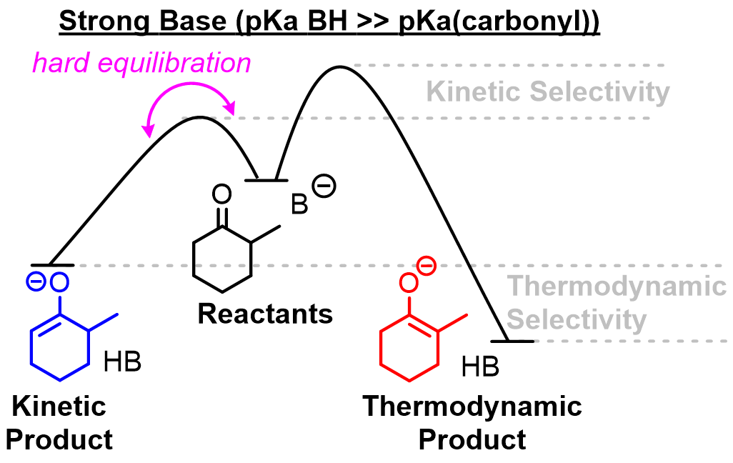 When a strong base is used, deprotonation is relatively easy and the products of deprotonation are more stable than the reactants. Because equilibrati