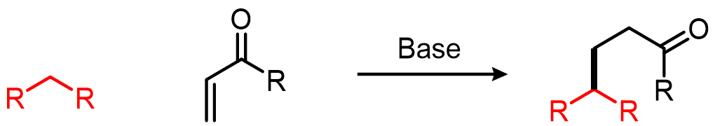 A Michael Addition is a reaction in which a stabilized carbanion nucleophile undergoes a 1,4-addition with a conjugated carbonyl: