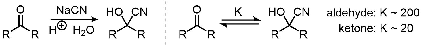 Addition of CN— (cyanide) to C=O creates a cyanohydrin. This reaction is typically under equilibrium: