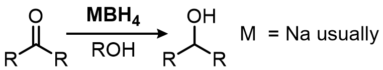 Addition of H— (hydride) to C=O creates an alcohol. This reaction is considered a reduction reaction. H— itself is too good of a base so we need a mil