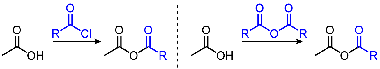 Reacting a carboxylic acid with an acid chloride, or another anhydride, leads to the formation of acid anhydrides: