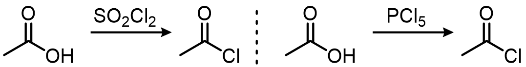 Reacting a carboxylic acid with halogenation reagents such as thionyl chloride (SO2Cl2) or PCl5 leads to acid chlorides. These reactions work by conve
