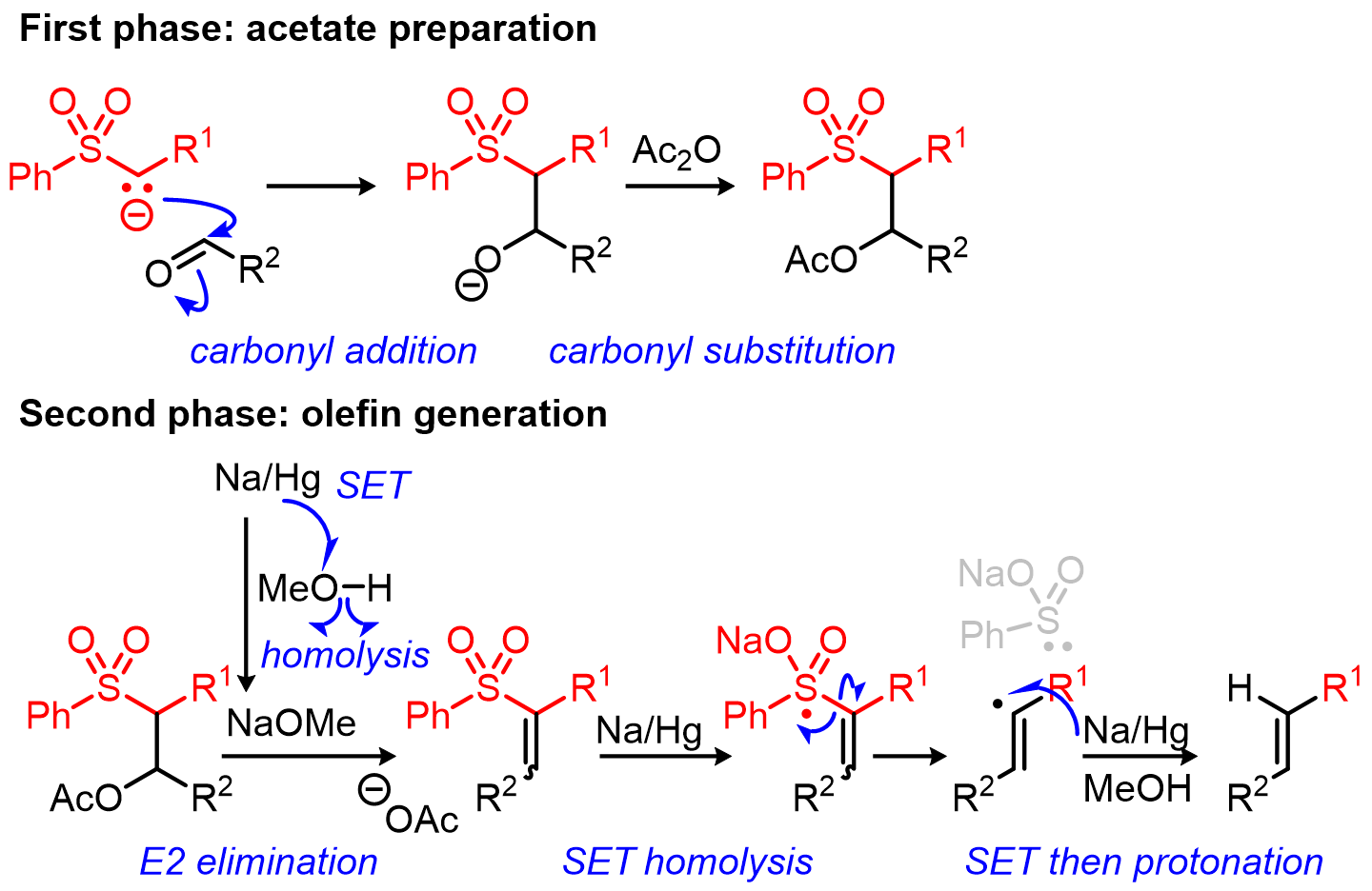 The Julia-Lythgoe Olefination uses a sulfone and tends to favor the formation of E alkenes. The mechanism involves first an addition of the carbanion 