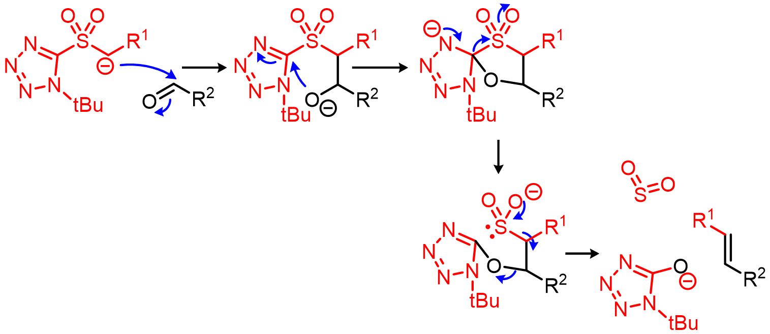 The Julia-Kocienski Olefination uses a heterocyclic sulfone instead of a phenyl one and tends to favor the formation of E alkenes. The heterocycle ena
