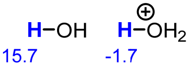 Water has pKa 15.7; protonated water (hydronium) has pKa -1.7