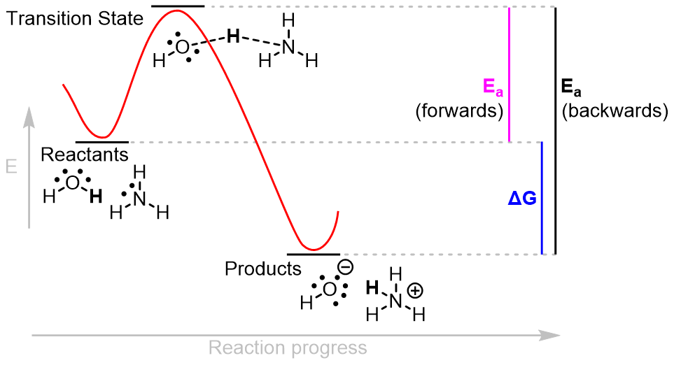These aspects of a reaction can be seen in a reaction coordinate diagram, such as the hypothetical one below for the reaction between H2O and NH3.