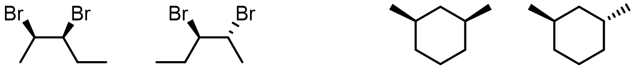 Two pairs of diastereomers: 2,3-dibromopentane stereoisomers and cis vs trans 1,3-dimethylcyclohexane