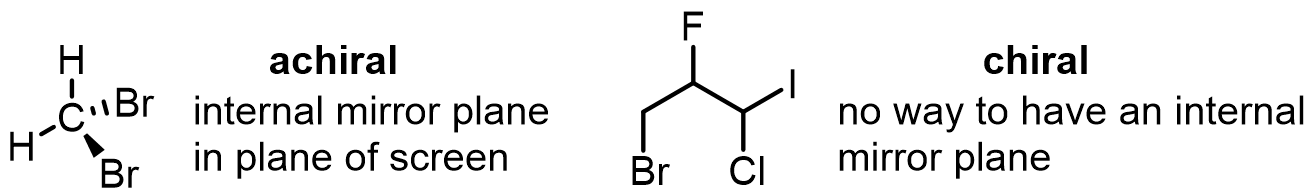CH2Br2 is achiral, with an internal mirror plane in the plane of the screen; a molecule bearing F, I, Cl on adjacent carbons is chiral with no possible internal mirror plane