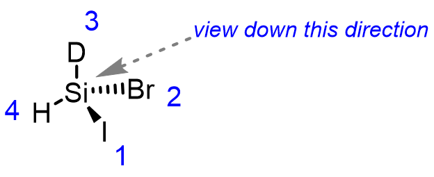 A silicon stereocenter bearing H, D, Br, I with CIP priorities 1 through 4 assigned, and an arrow showing the viewing direction opposite the lowest priority