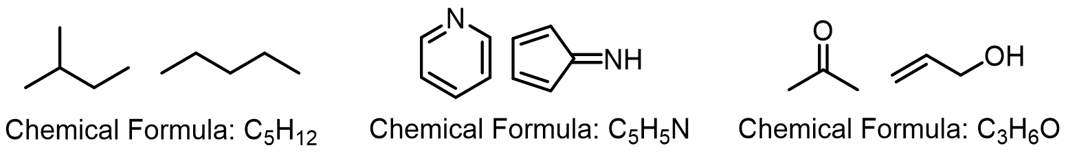 Three pairs of structural isomers: 2-methylbutane and pentane (C5H12), pyridine and an isomeric imine (C5H5N), acetone and allyl alcohol (C3H6O)